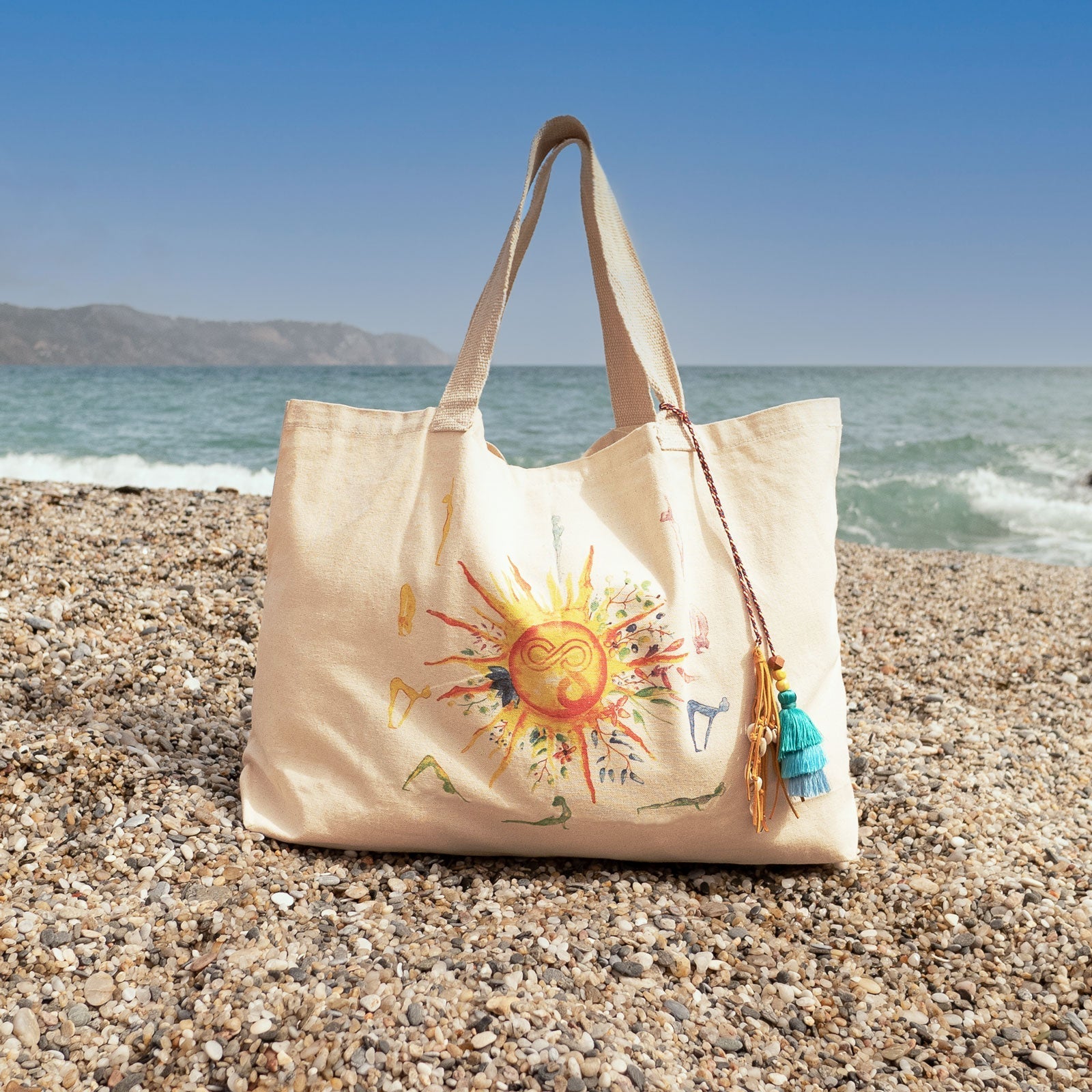 Bolsa de algodón multifunción con ilustración de sol. Bolsa Namaskar de Yogimi.