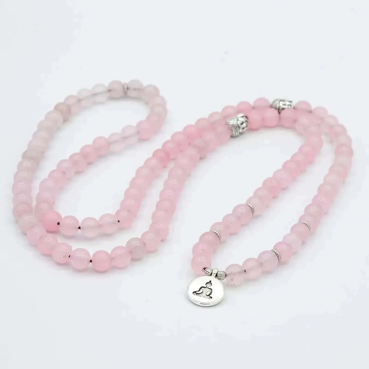 Meditar Japa Mala elástico de Ágata Rosa con detalles en plata de ley
