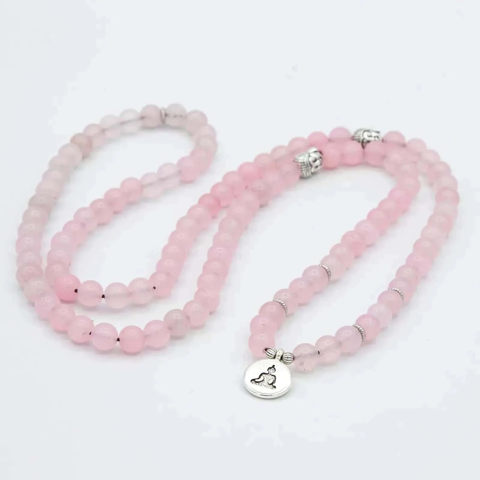 Meditar Japa Mala elástico de Ágata Rosa con detalles en plata de ley