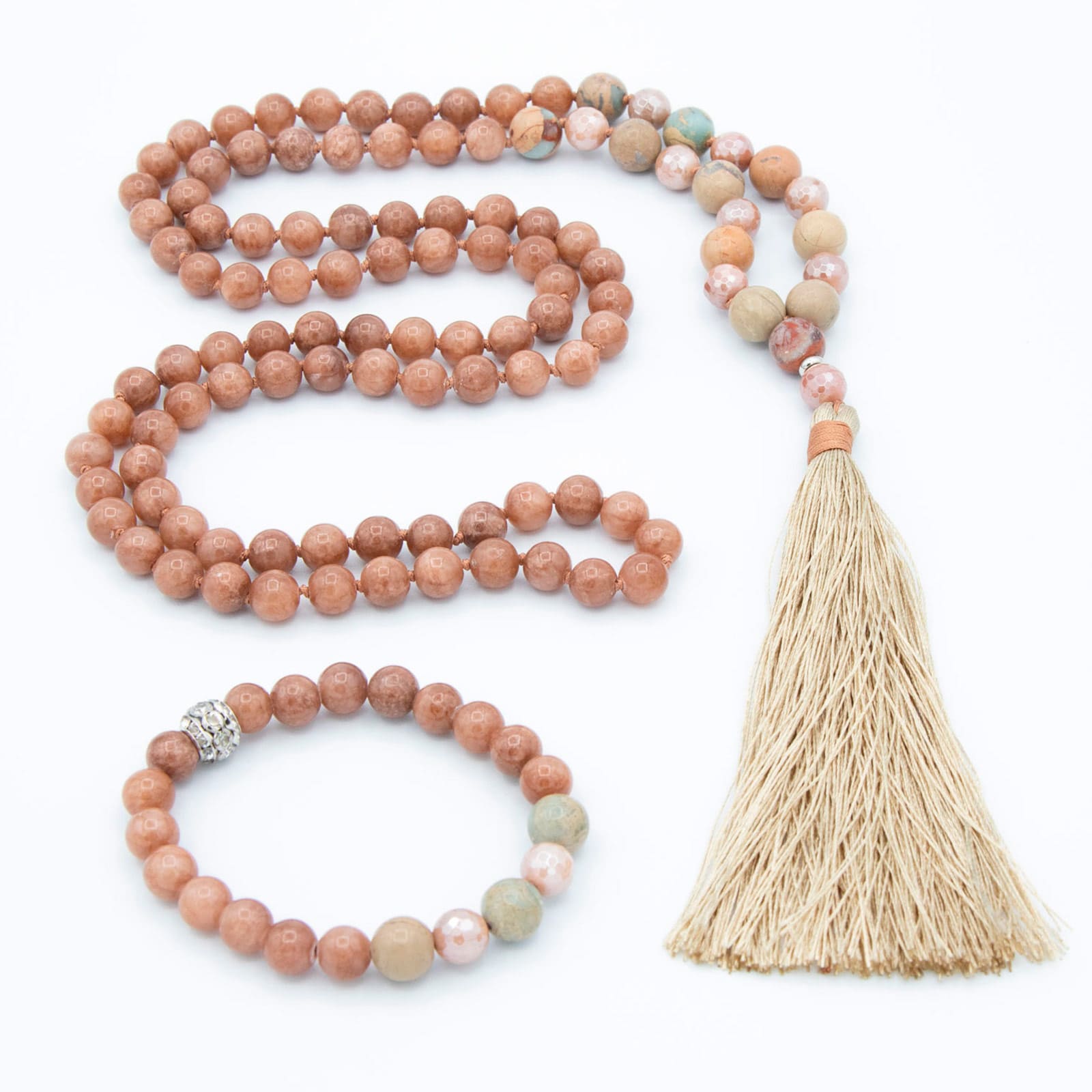 Japa Mala y pulsera de ópalo africano, piedra lunar y piedra del sol de Yogimi.