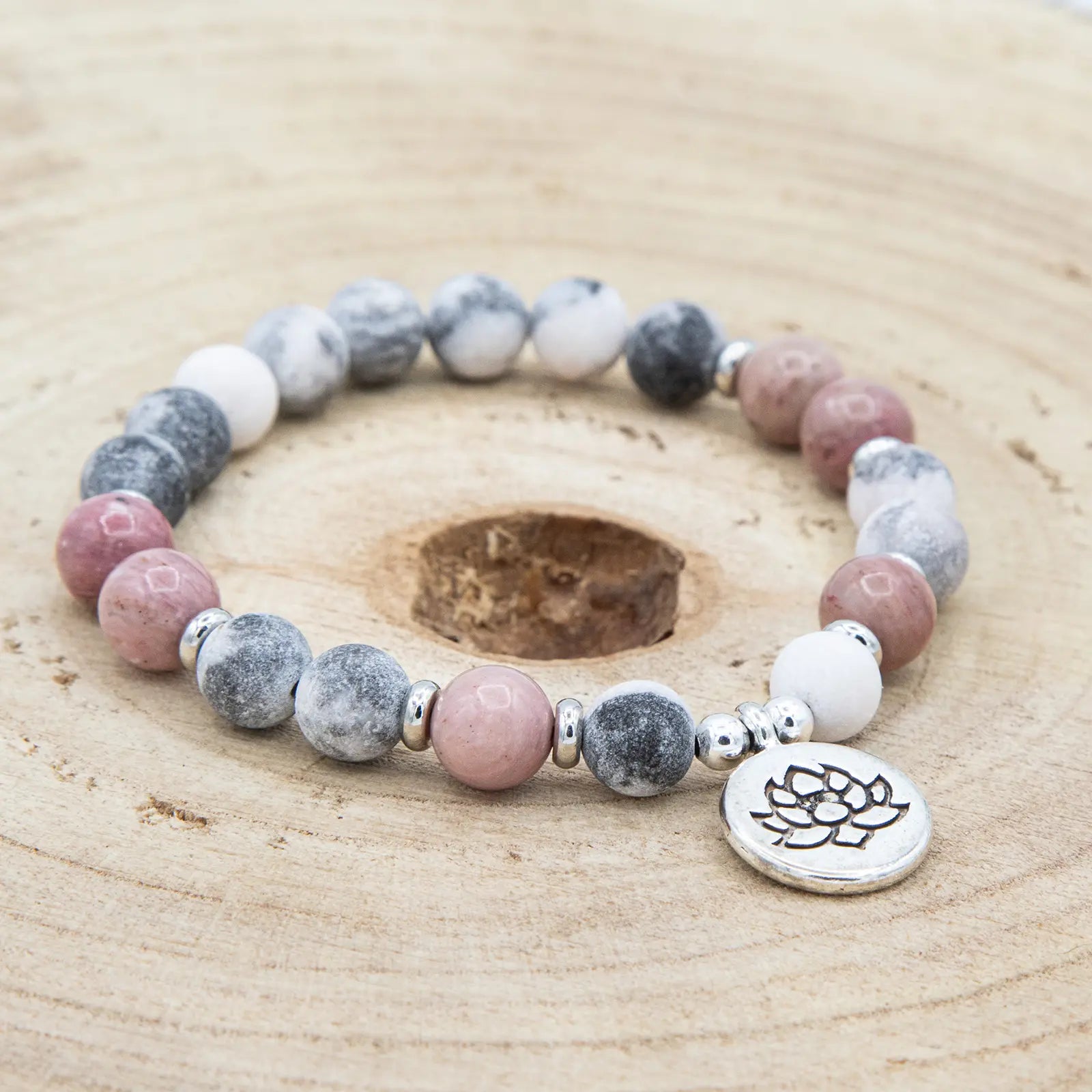 Japa Mala Pulsera Loto Love de jaspe cebra y rodonita