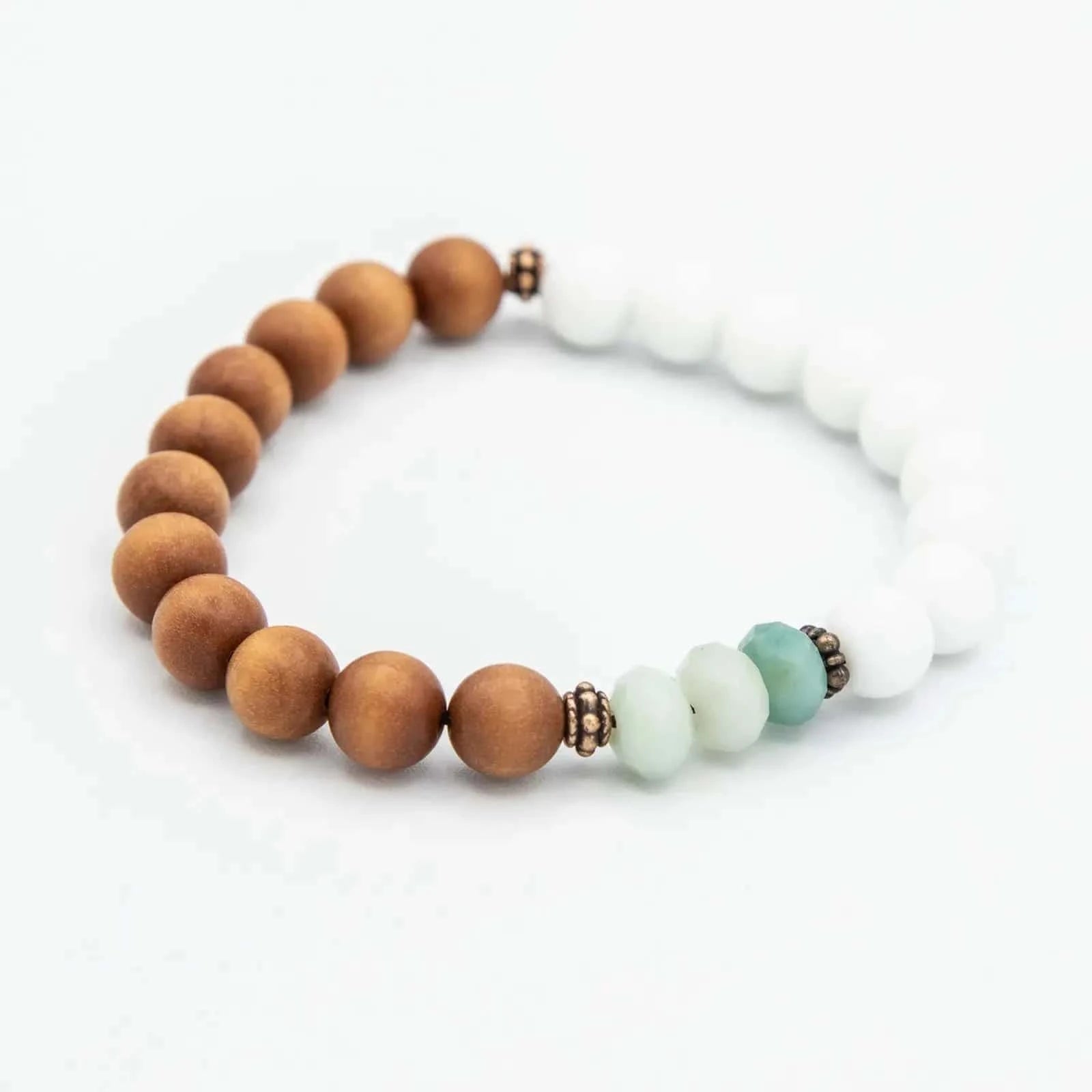 Comprar Pulsera japa mala de sandalo, amazonita y ágata blanca.