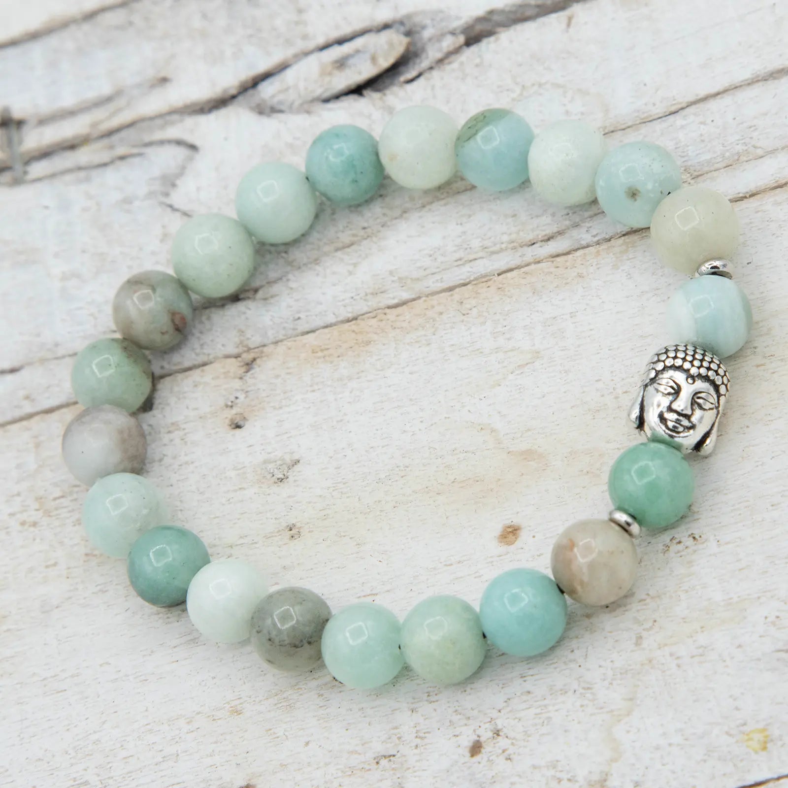 Pulsera de amazonita azul con detalle de Buda de plata de Yogimi.