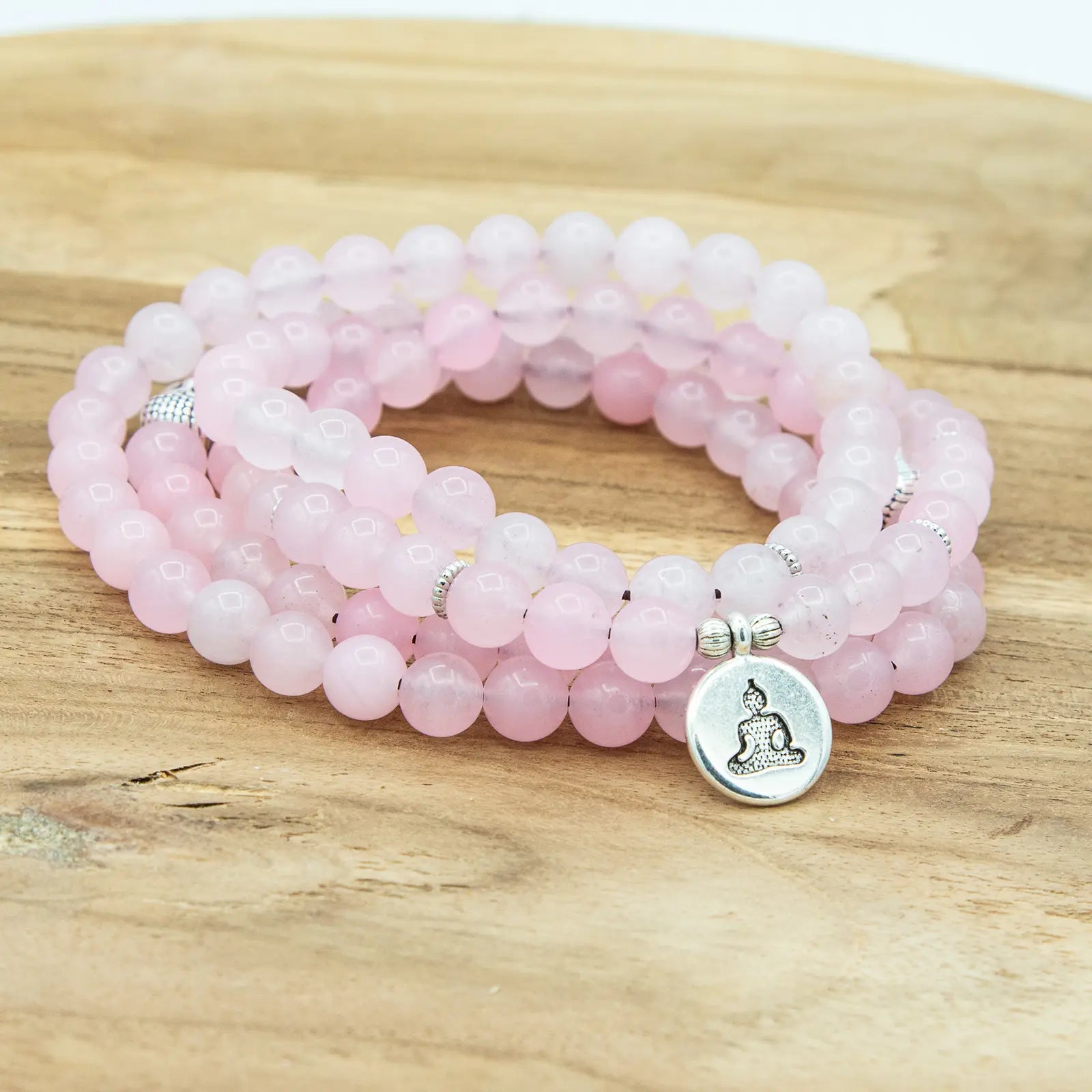 Japa Mala elástico de Ágata Rosa con detalles en plata de ley