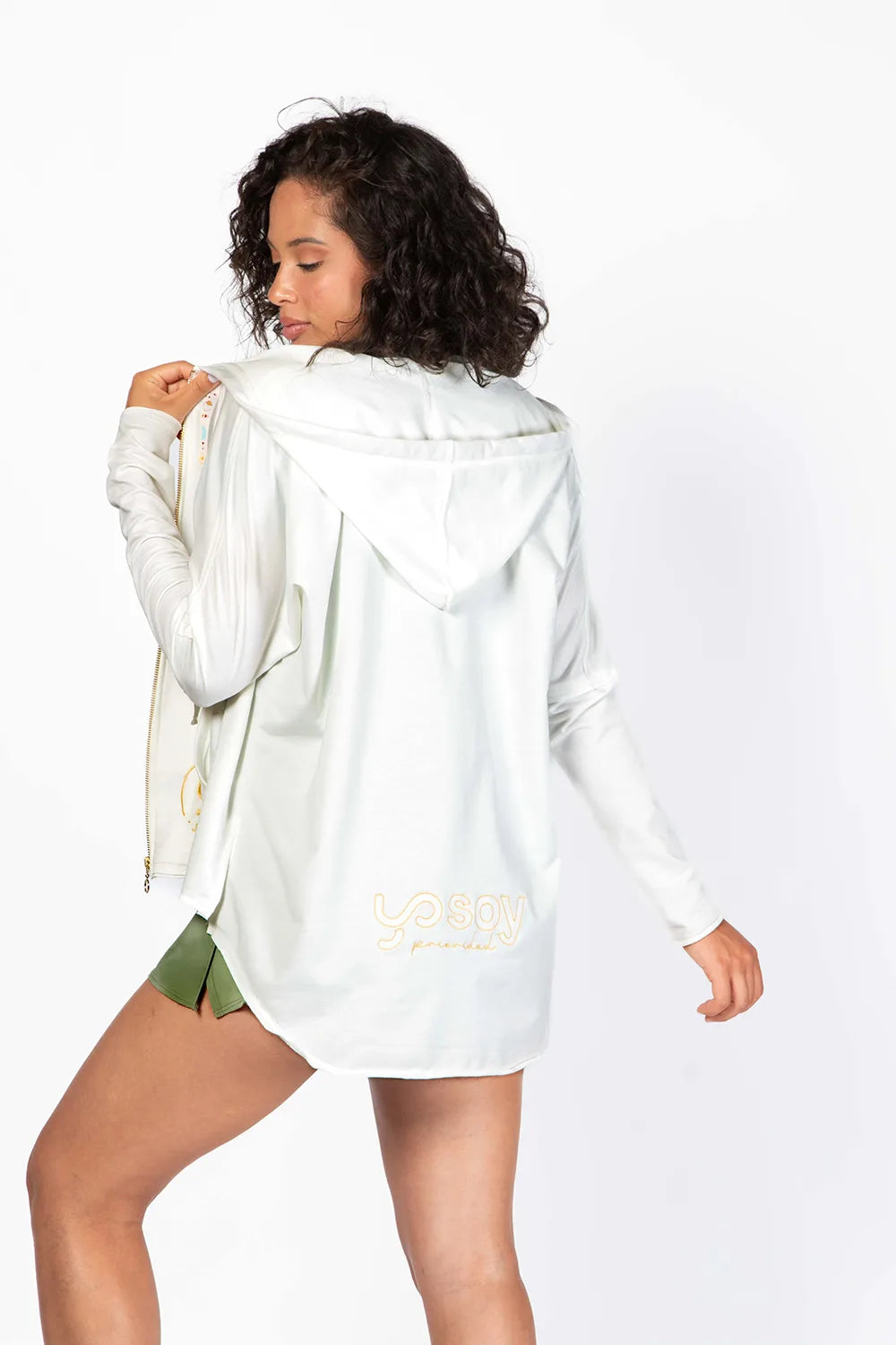 Chaqueta con cordón de satén con diseño Yogimi. Sudadera Yo soy de Yogimi, cómoda con logo y mantra bordado "Yo soy Prioridad".