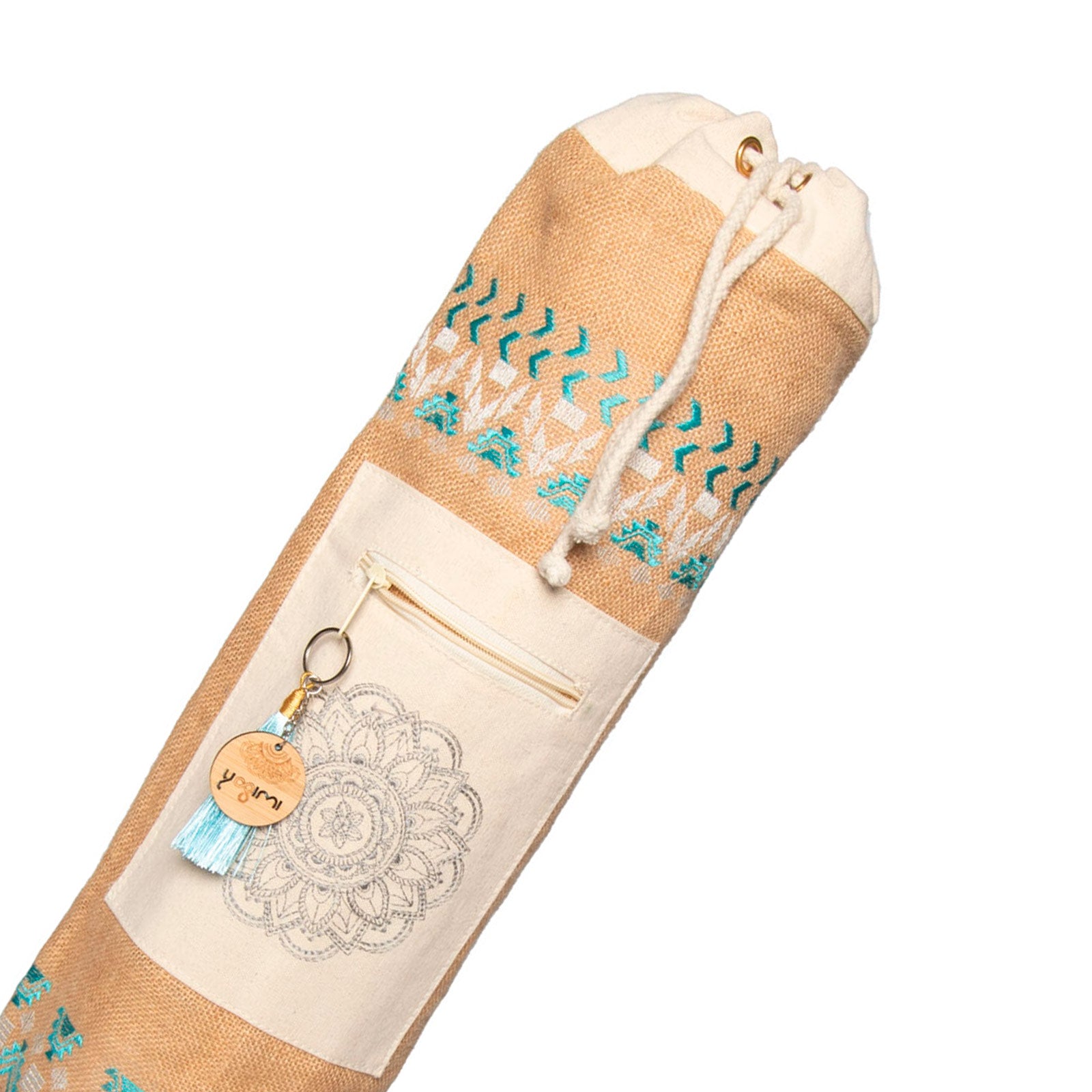 Comprar bagimi para yoga. Lleva tu esterilla cómodamente en bagimi de yute y algodón. Color azul.