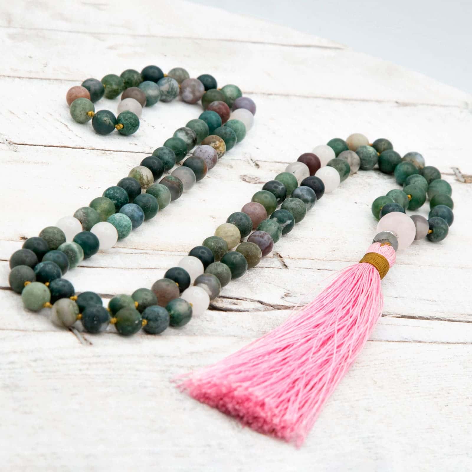 Comprar Japa Mala para Meditar de ágata india y cuarzo rosa con borla de seda