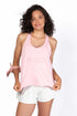 Camiseta Fluir Tank, modelo estilo nadadora en color rosa Rose Shadow de Yogimi. Camiseta tirantes holgada con mantra "Fluir sin forzar".