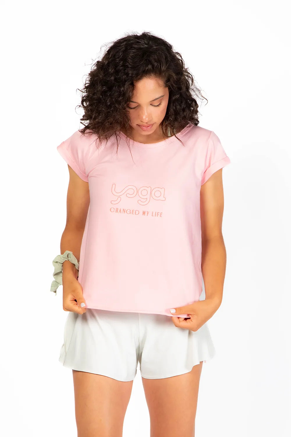 Camiseta Tshirt Yoga Changed de manga corta en color rosa de Yogimi. Un básico deal para combinar con cualquier prenda.
