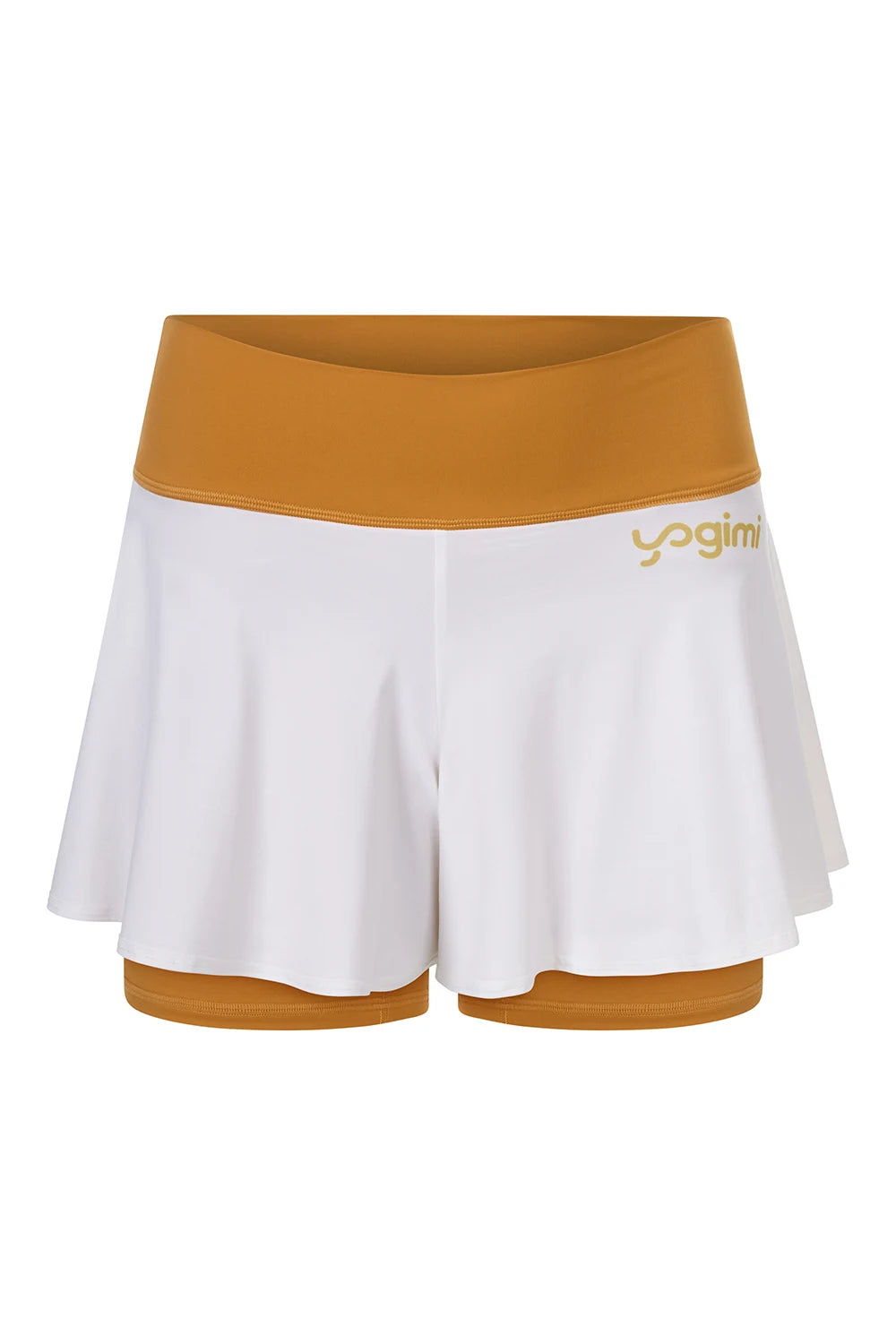 Silueta de pantalones cortos de yoga de Yogimi en color mostaza con capa blanca. Modelo Prana Inca Gold-White