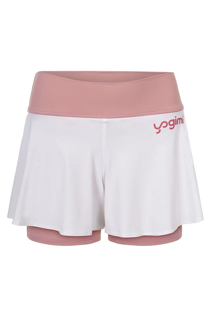 Silueta de pantalones cortos de yoga de Yogimi en color rosa con capa blanca. Modelo Prana Mellow Rose-White