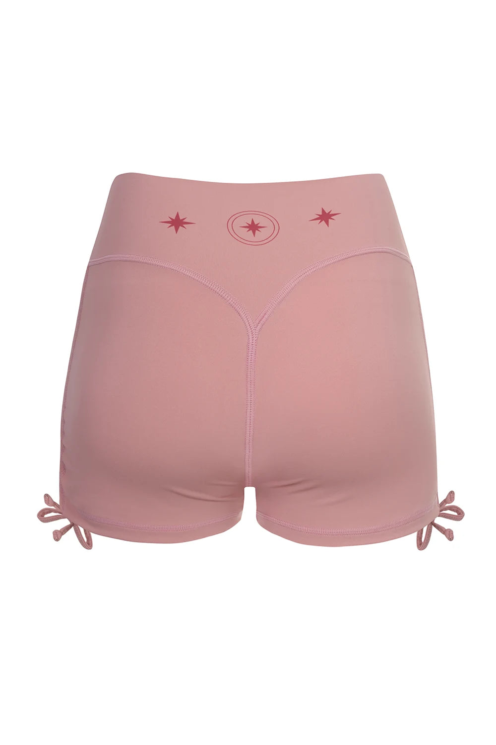 Silueta de Shorts de yoga de Yogimi en color rosa. Costuras planas y fruncido lateral con lazo. Modelo Surya Mellow Rose