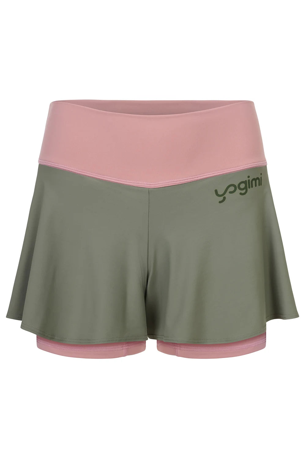 Silueta de Shorts de yoga de Yogimi en color rosa con capa verde. Modelo Prana Mellow Rose-Green