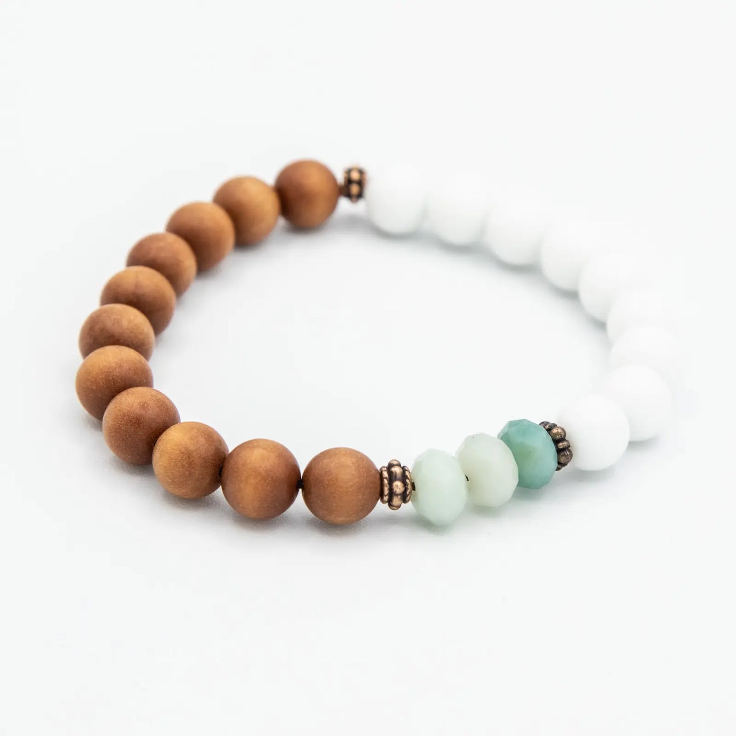 Comprar Pulsera japa mala de sandalo, amazonita y ágata blanca. 