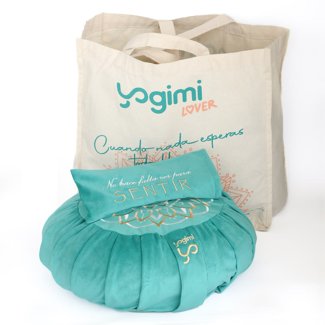 Comprar set de meditación con zafú y almohadilla. Terciopelo bordado, modelo Tropic Green de Yogimi.
