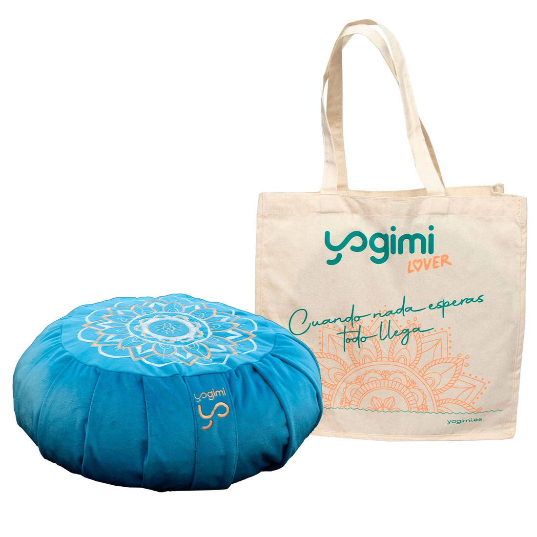 Comprar zafú para meditación y yoga de color azul bordado de Yogimi.