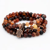 Japa Mala elástico de Ágata Cornalina, Rudraksha y Jaspe Amarillo de Yogimi.
