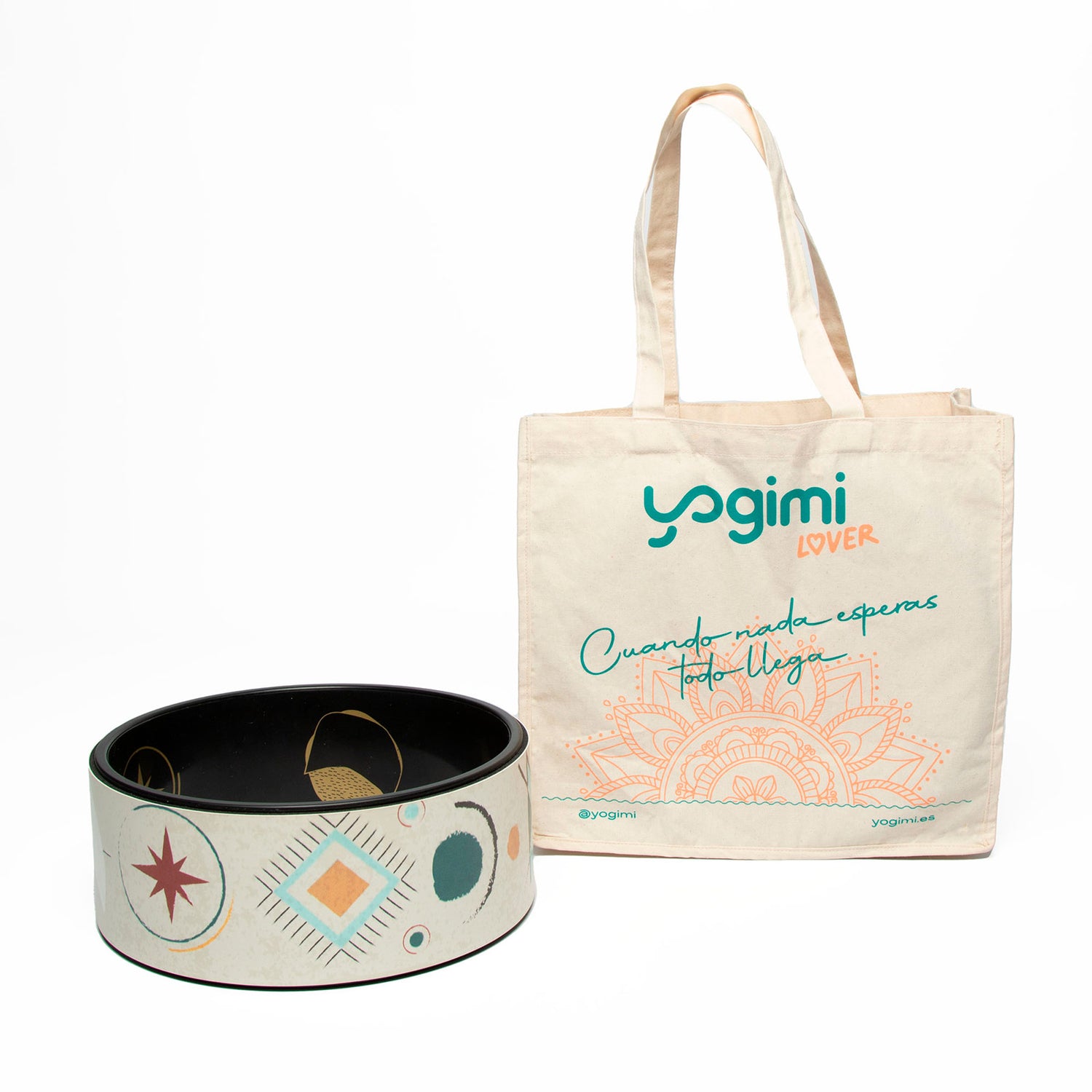 Rueda de yoga supergrip decorada con motivos y bolsa portarueda de regalo.